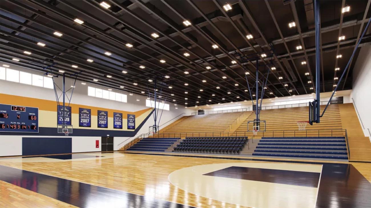 Cooper Metalux SPHB High Bay lighting installed in an indoor basketball court