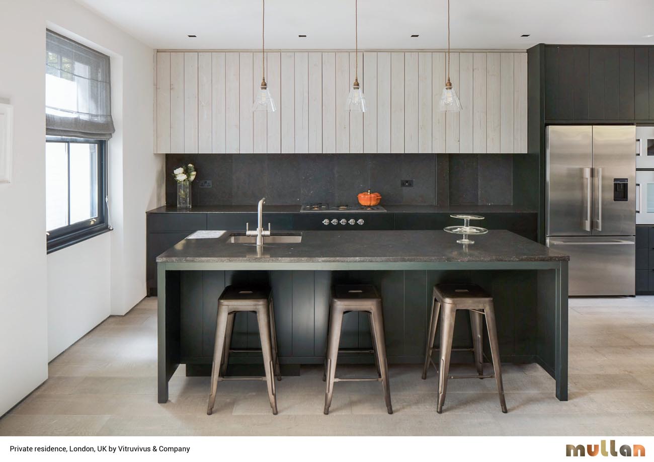 Mullan Lighting pendant fixtures installed over a kitchen island
