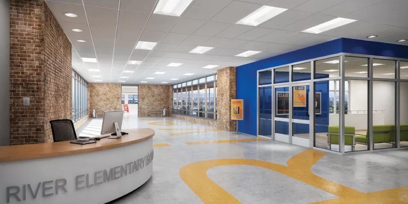 Cooper Cruze SB Selectable Troffer installed in a school hallway