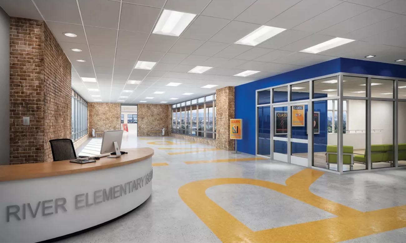 Cooper Cruze SB Selectable Troffer installed in a school hallway