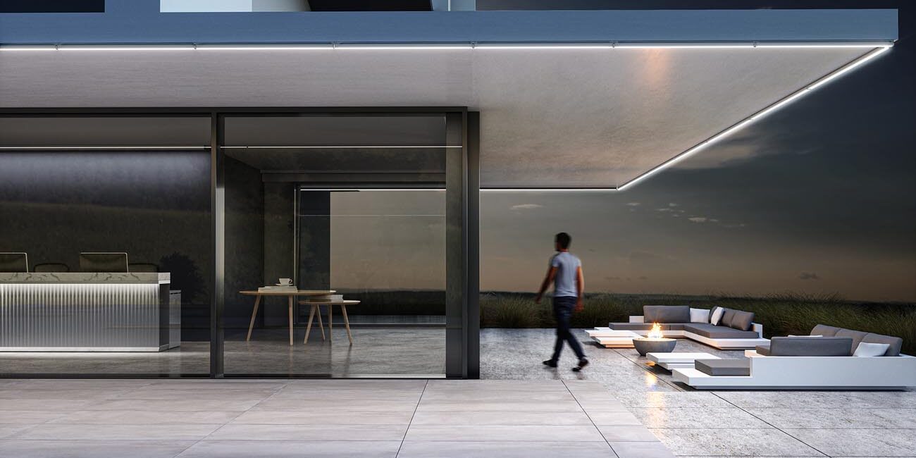 iGuzzini Linealuce 27 installed over a modern patio