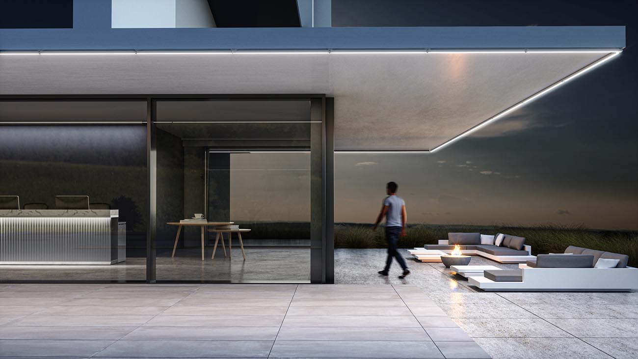 iGuzzini Linealuce 27 installed over a modern patio