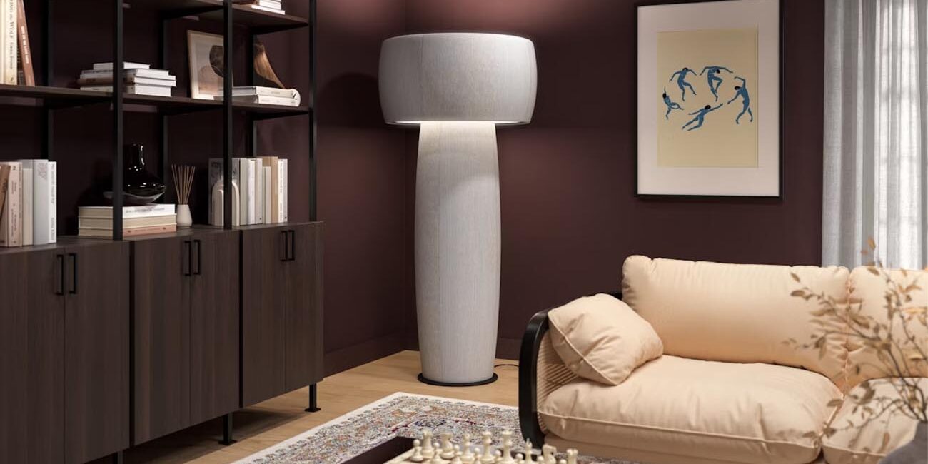 Buzzishroom by Buzzispace Gray Buzzispace Buzzishroom upholstered lamp placed in a living room corner