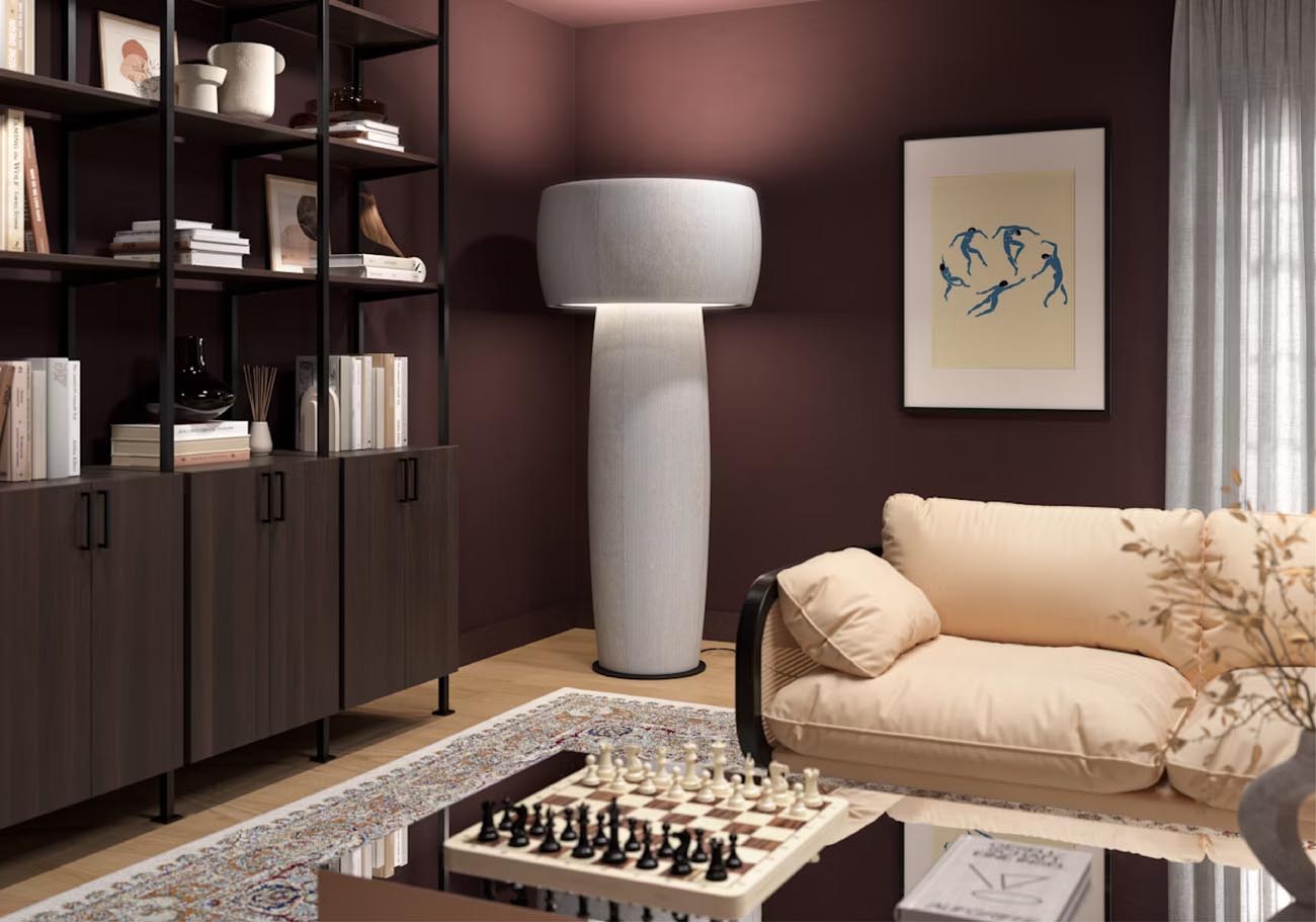 Gray Buzzispace Buzzishroom upholstered lamp placed in a living room corner