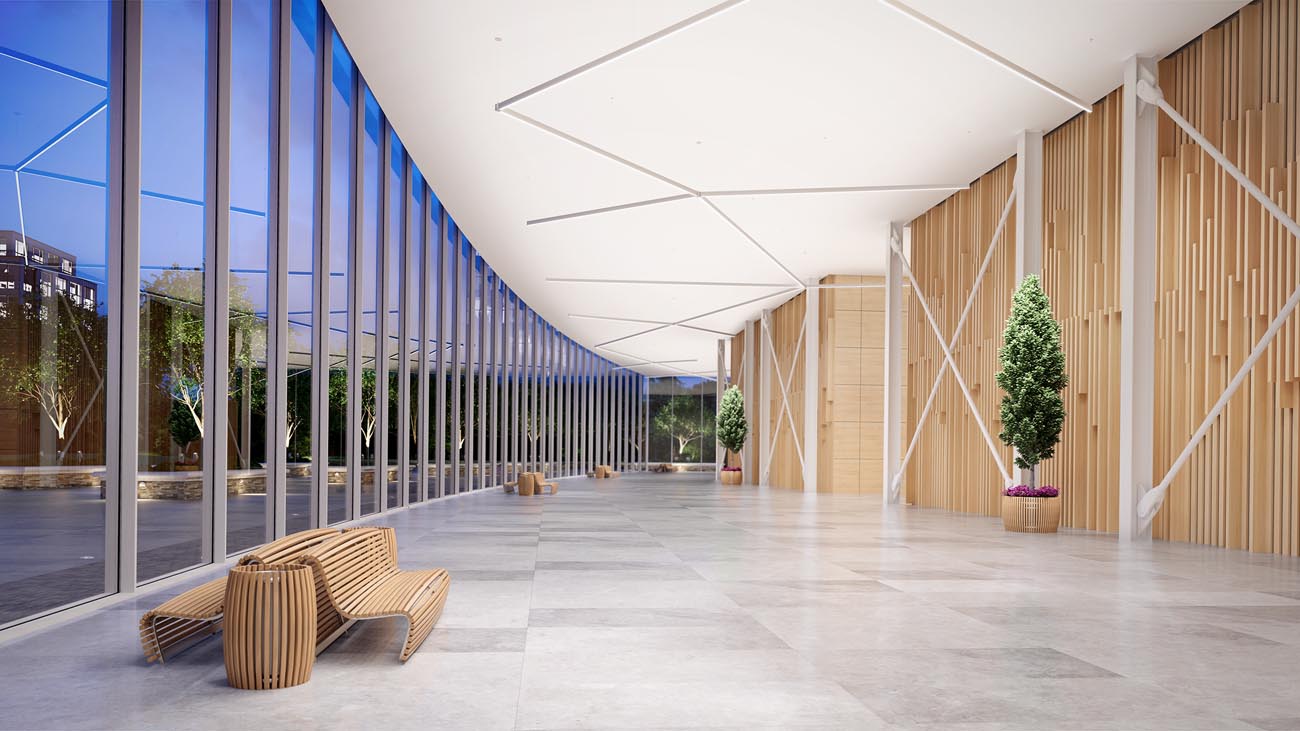 Cooper NeoRay Define linear fixtures are artfully installed in an architectural hallway
