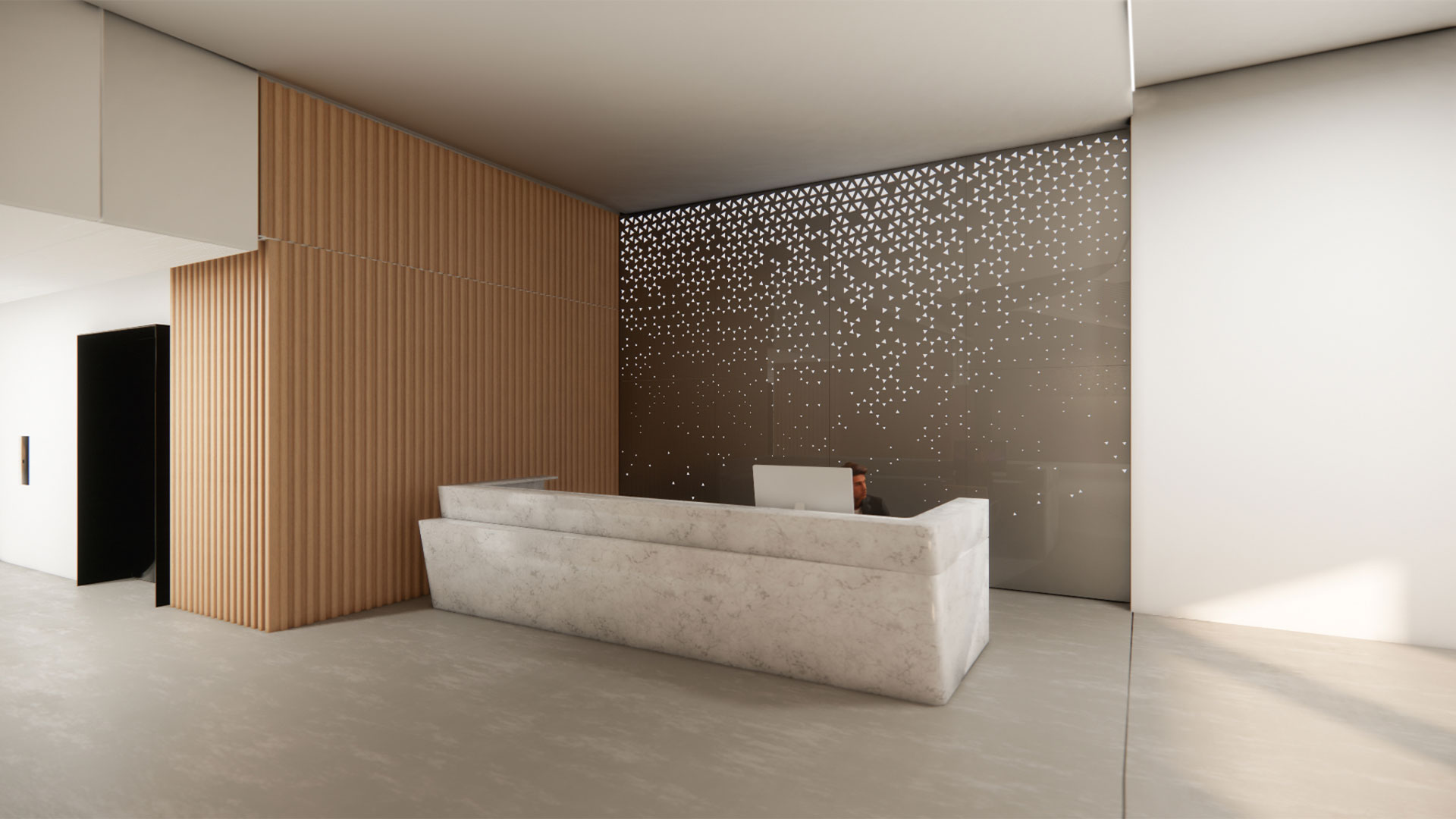 Andalusia Design Perforate wall divider installed behind a lobby desk
