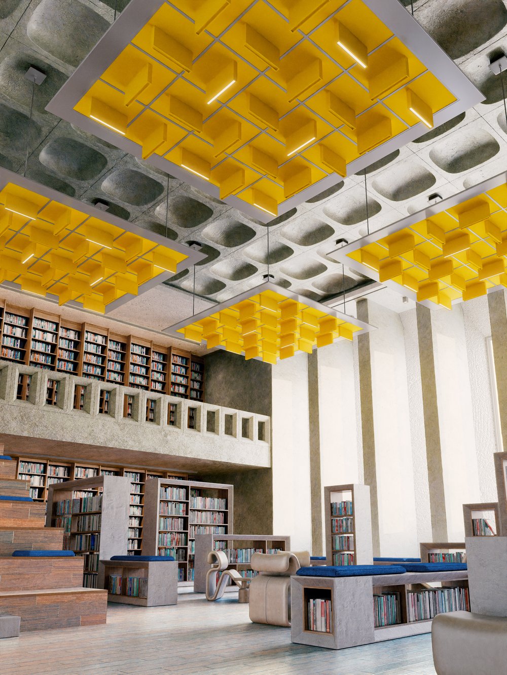 Slot acoustic lighting by ARON in yellow felt installed in a library