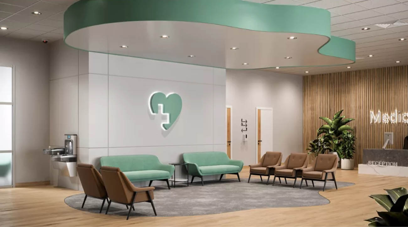 Cooper HCD Pro Direct Mount LED Lighting System installed in a hospital lobby