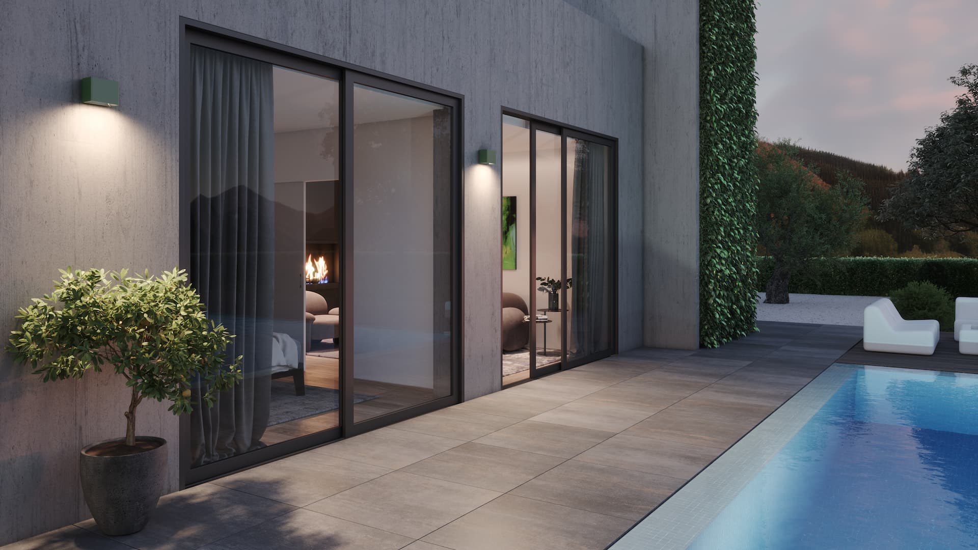 Allure by iGuzzini wallpack light on a wall outside of an outdoor pool