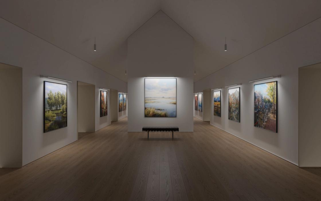 Nulite Regolo Zero linear lighting installed over pieces in an art gallery