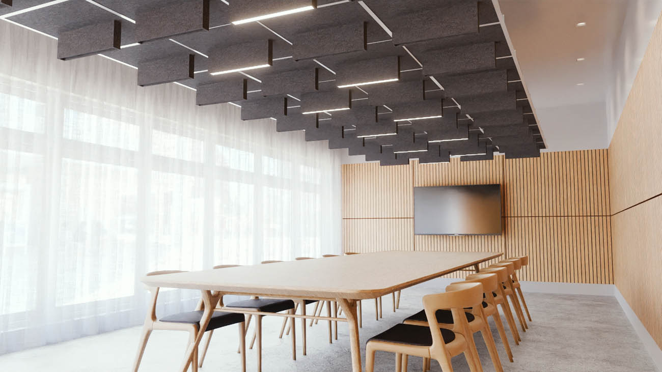 ARON Lighting SLOT acoustic lighting and felt panels installed in a meeting room