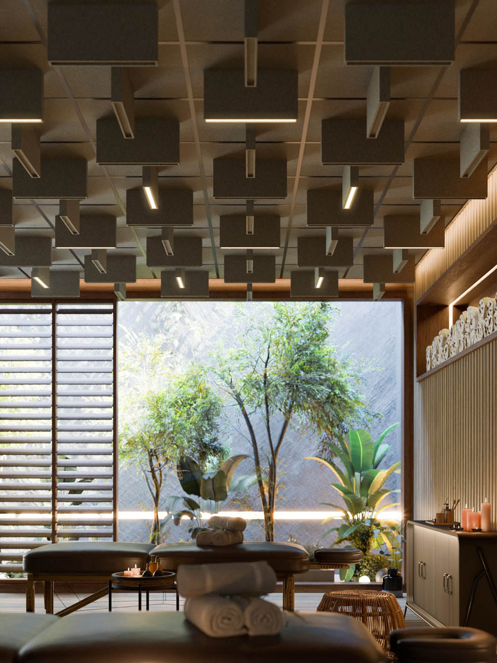 ARON Lighting SLOT acoustic lighting and felt panels installed in a massage parlor