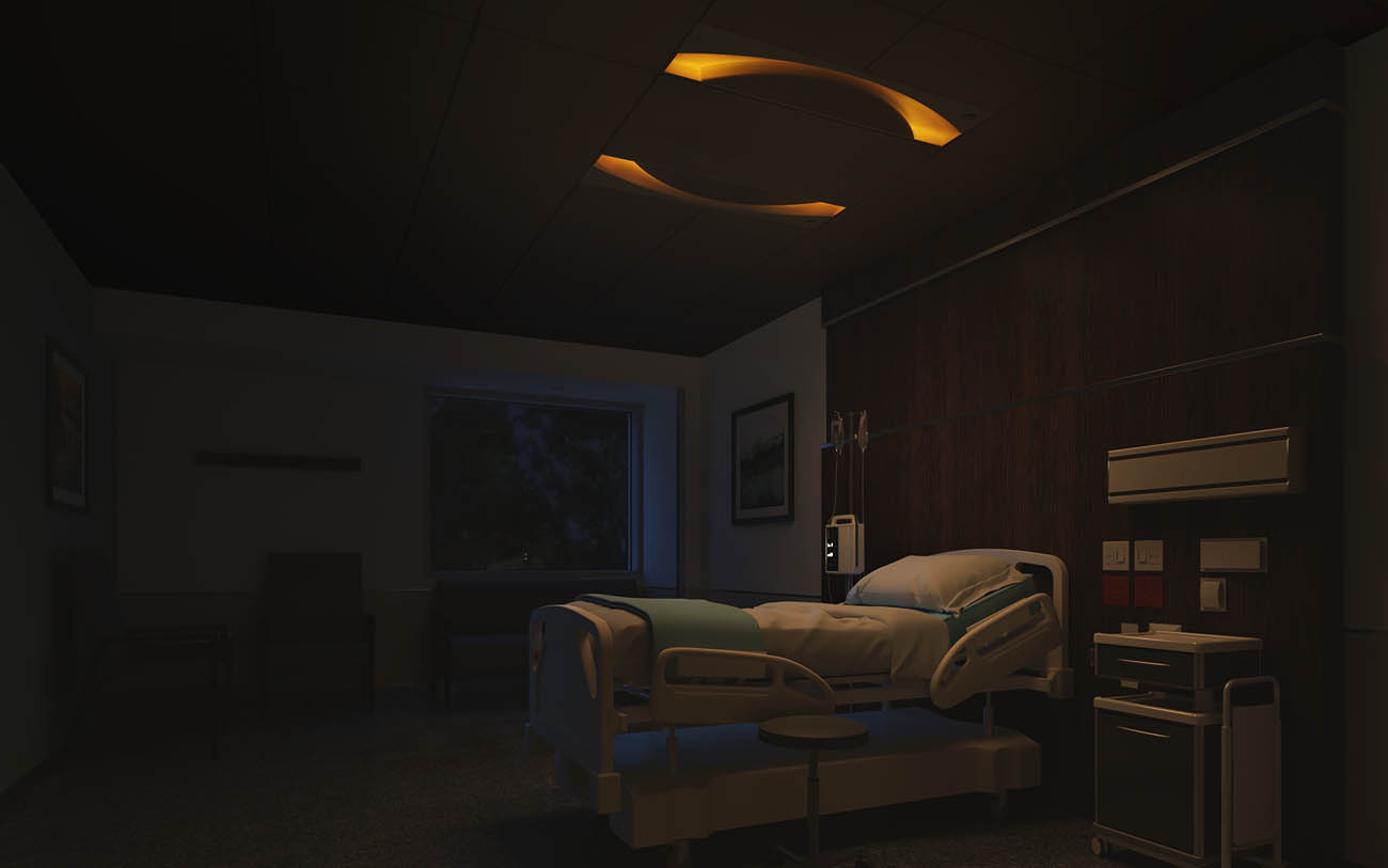 Focal Point Saros Duo™ light fixture set to nightlight mode in a hospital room