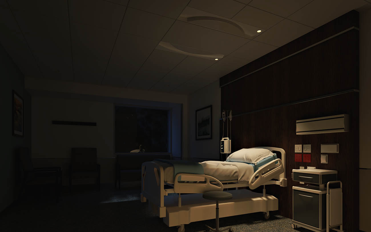 Focal Point Saros Duo™ light fixture in a hospital room after dark