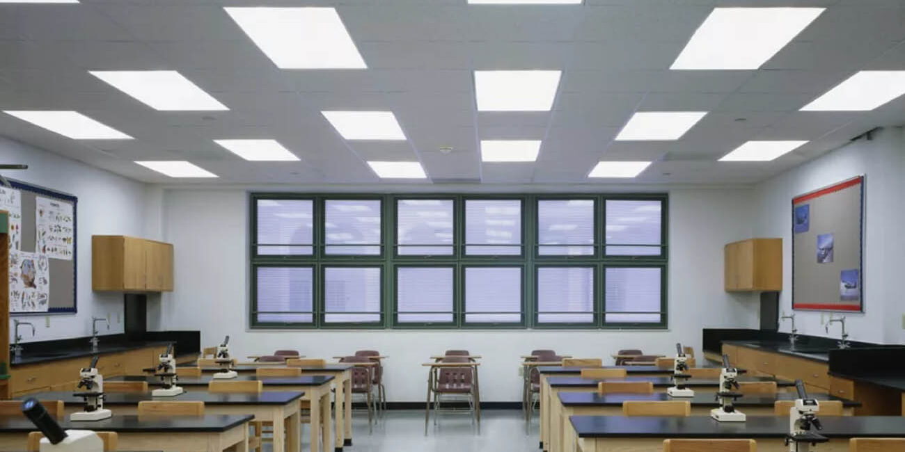Cooper CGTS panel lighting installed in a classroom ceiling