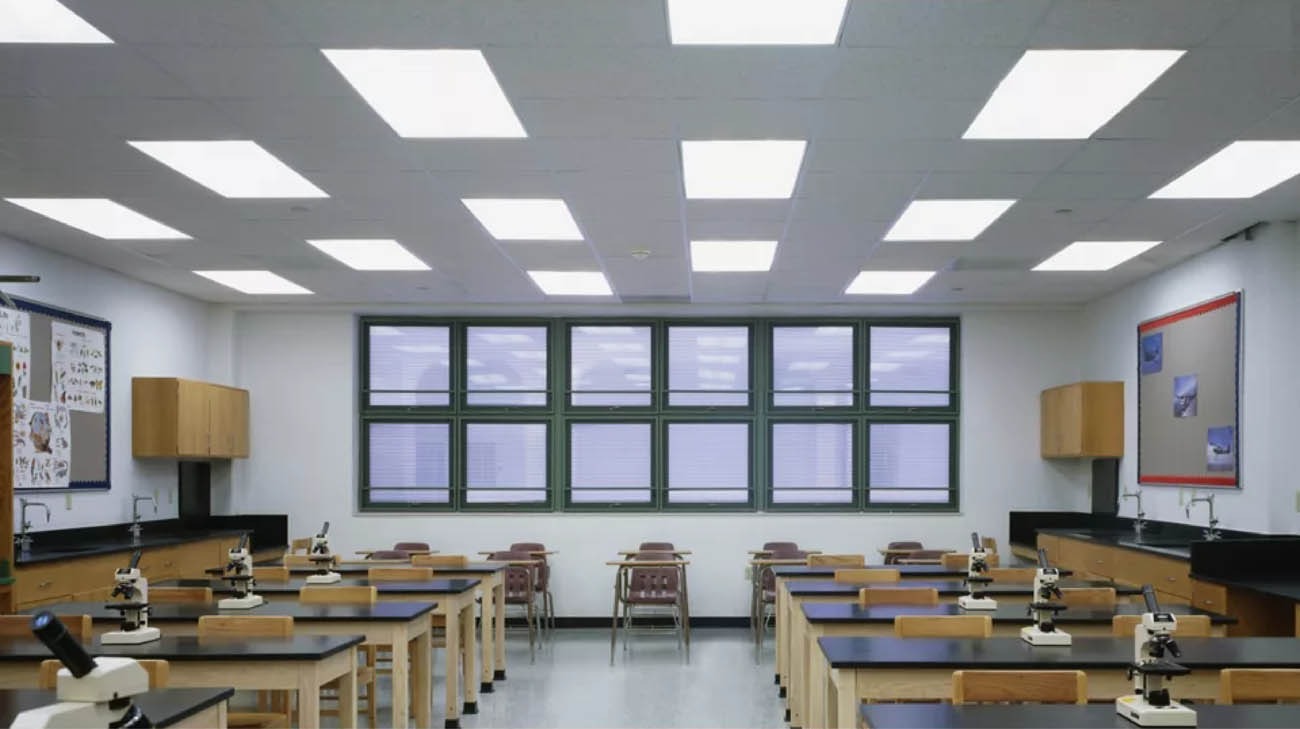 Cooper CGTS panel lighting installed in a classroom ceiling