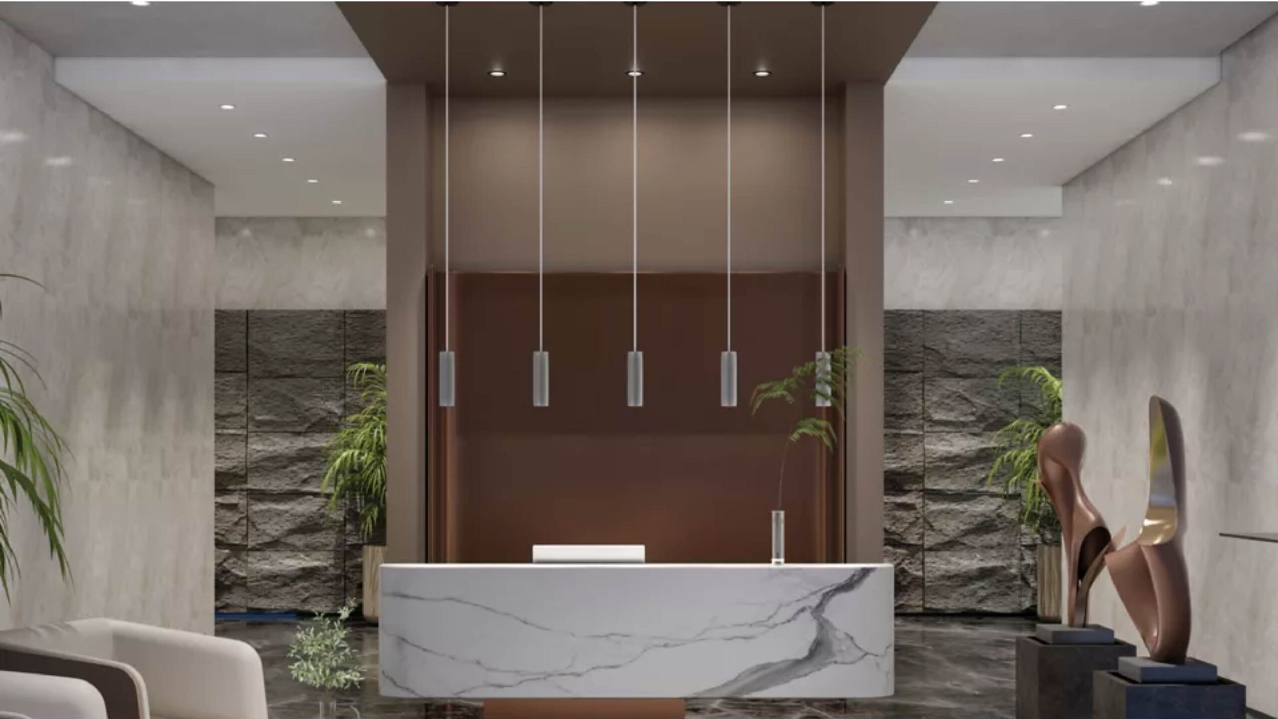 Cooper Prentalux cylinder lighting installed over a hotel lobby desk