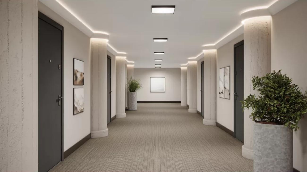 Cooper Lighting Solutions SMX Series fixtures in an apartment hallway