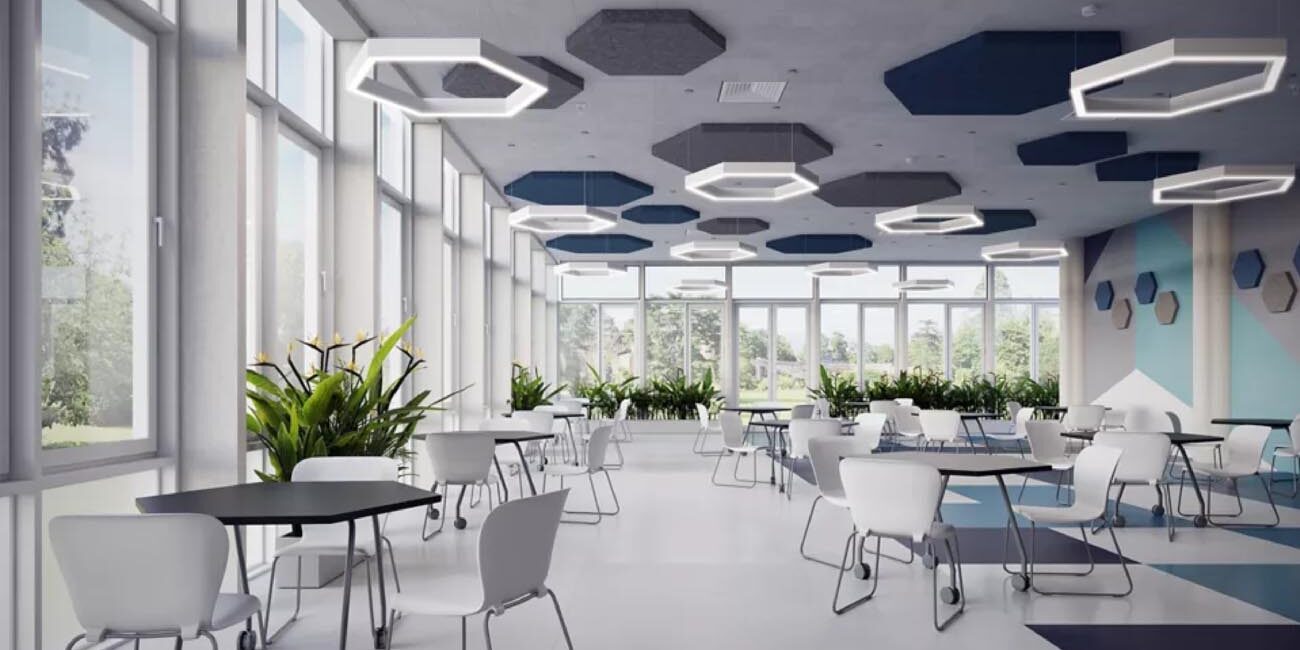 Hexagonal suspended NeoRay Define Geo lighting in a cafeteria