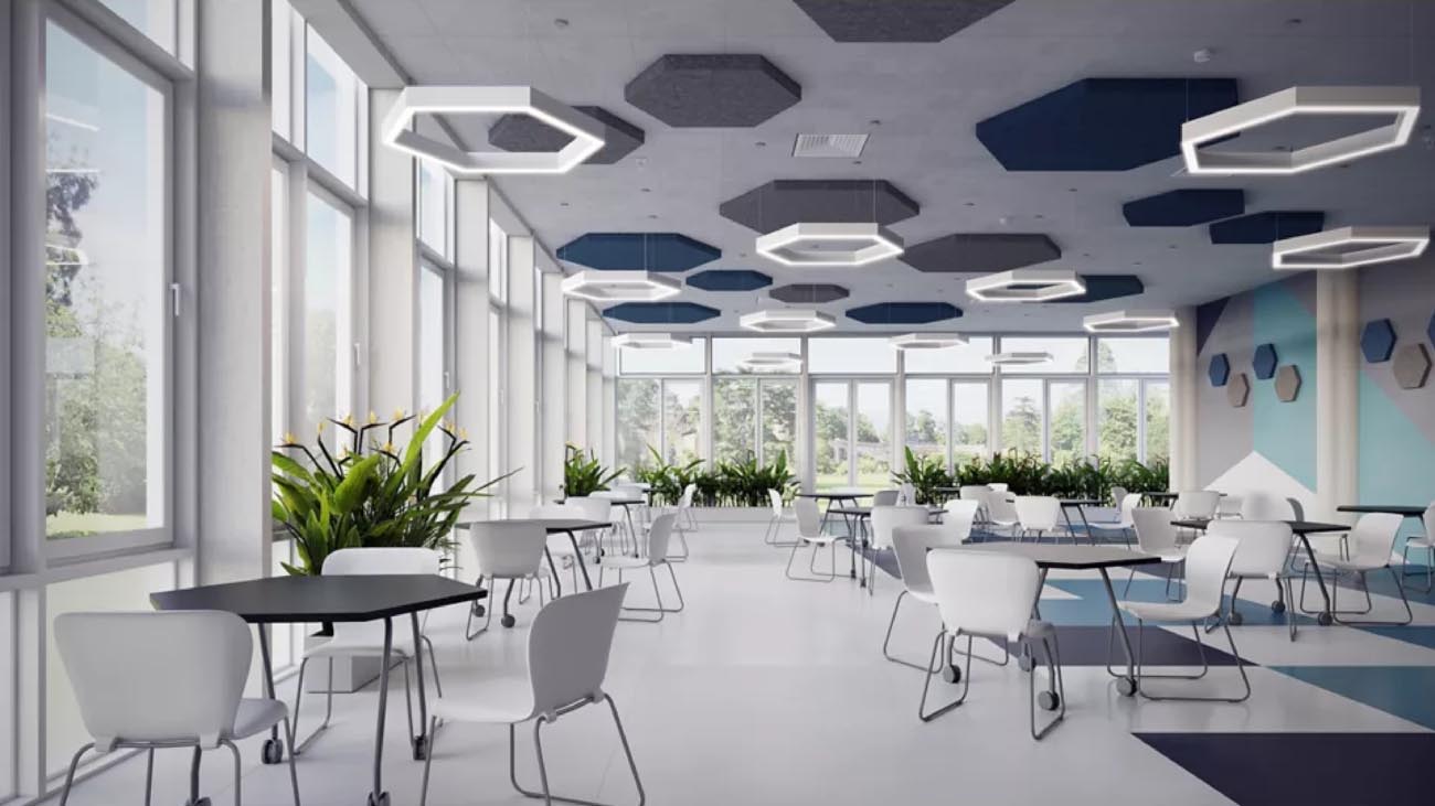 Hexagonal suspended NeoRay Define Geo lighting in a cafeteria