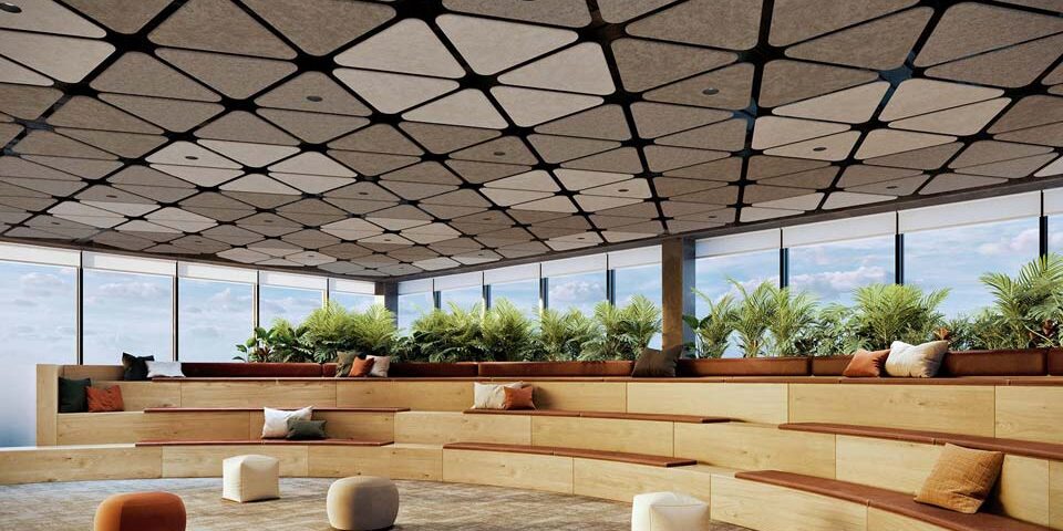 Plyta™ by Focal Point Gray, triangular Focal Point Plyta™ acoustic lighting in a seating area