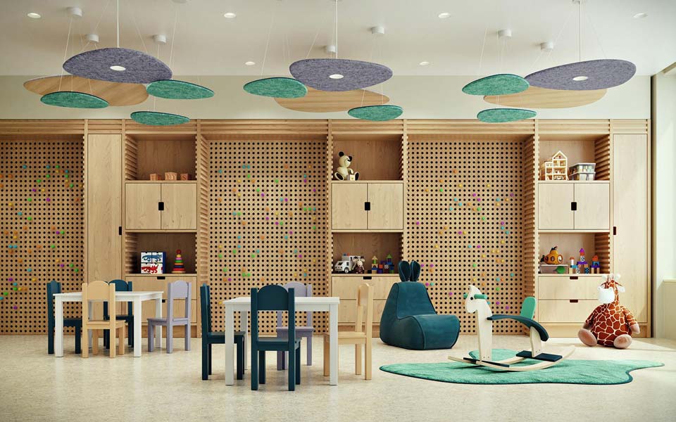 Multicolored Focal Point Plyta™ acoustic lighting in a nursery