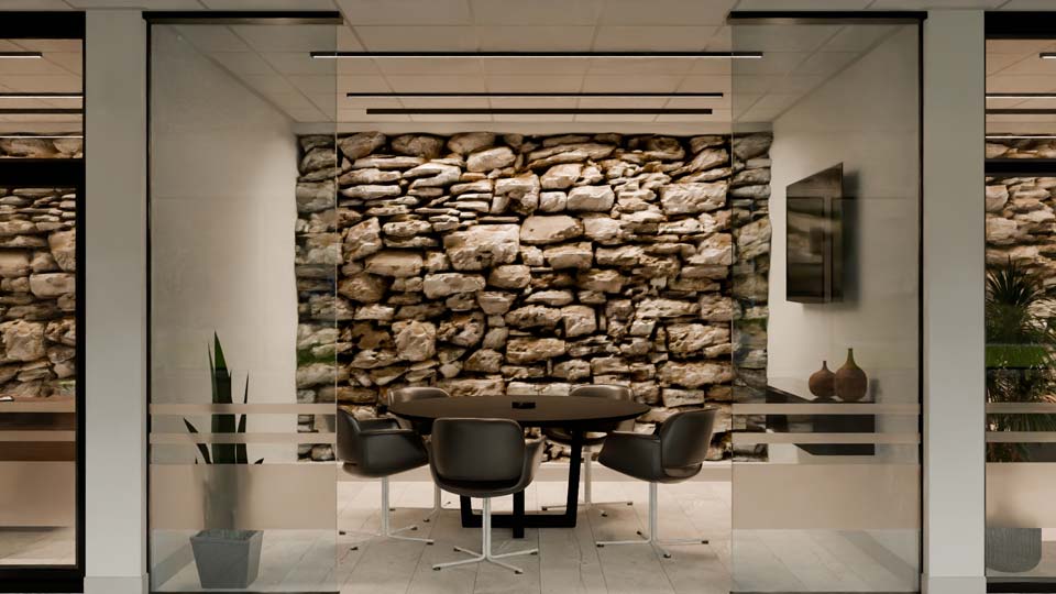 Aron Lighting EZT Wall Wash illuminates brick details in a boardroom