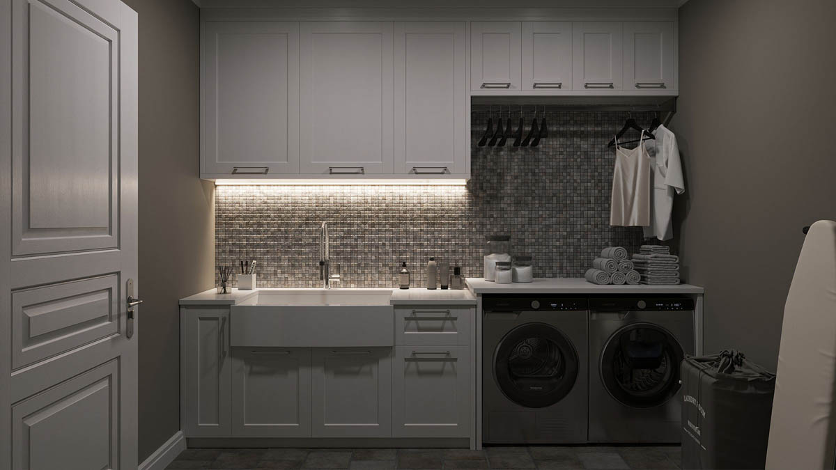 HALO HFL Flexible Linear LED Tape Light installed above a laundry room sink