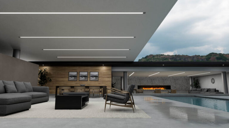 Avalon 2 Series by Extant wet location linear lighting installed under a residential canopy
