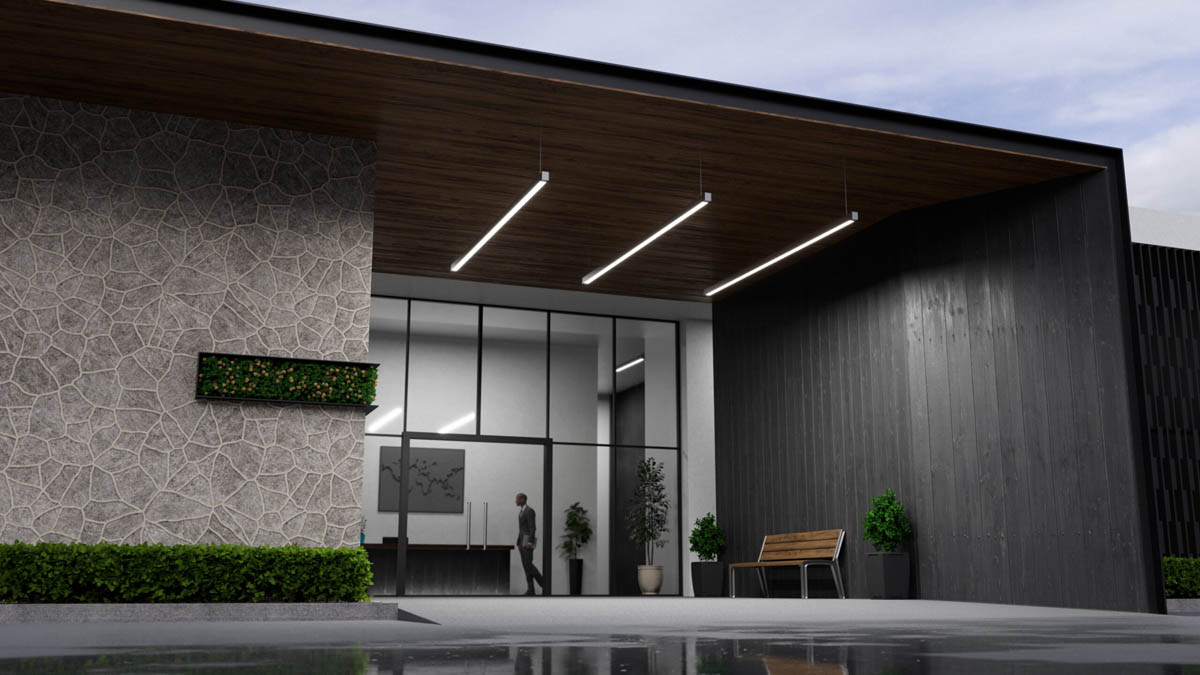 Avalon 2 Series by Extant wet location linear lighting installed under an office entryway