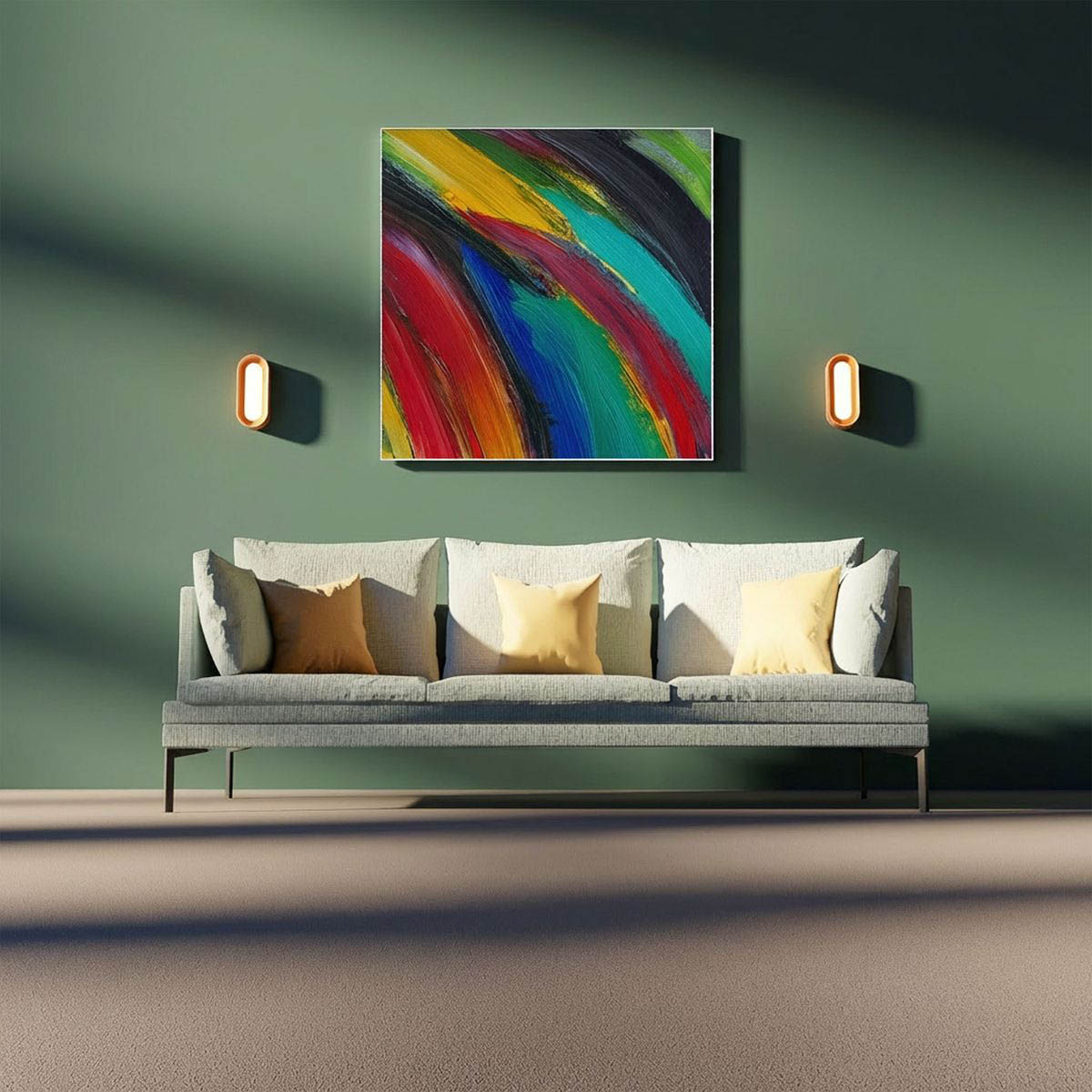 Two Nulite studio linear wall sconces on either side of a large abstract painting