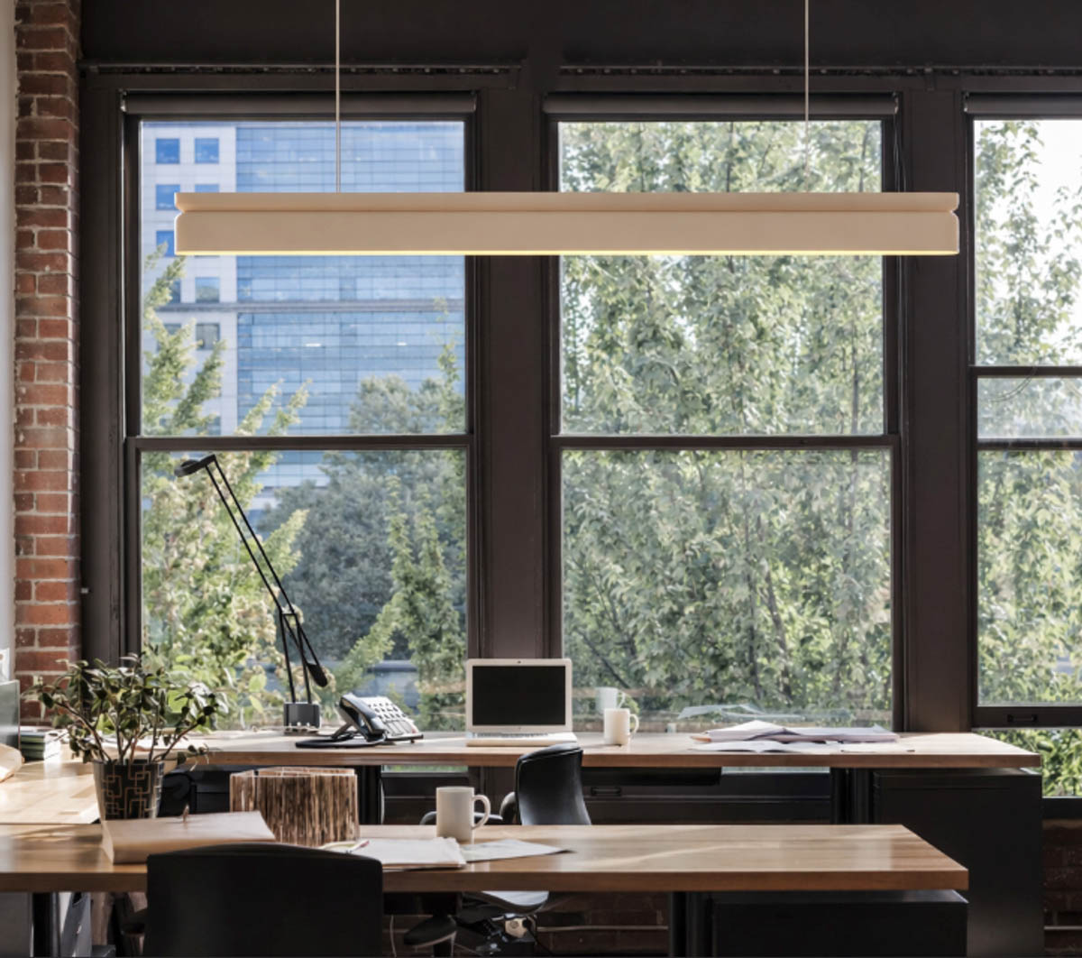 A Nulite studio linear suspended luminaire installed in an open office