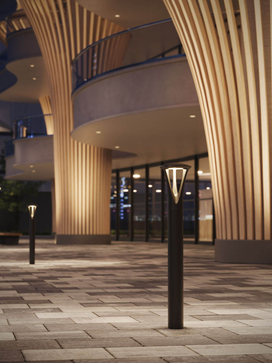 Invue Luxescape Collection Bollards installed outside of a modern luxury hotel