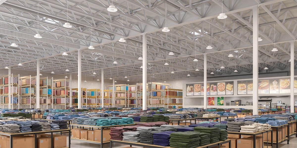 Metalux Elevate Round High Bay by Cooper Lighting Solutions Metalux Elevate Round High Bay installed in a warehouse store